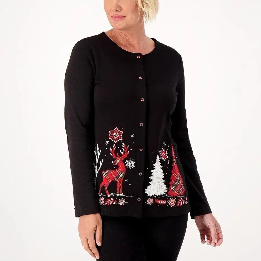 Quacker Factory Appliqued Holiday Snap Front Knit Cardigan
